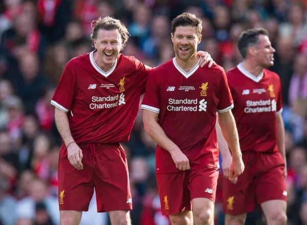 LIVERPOOL, ENGLAND - Saturday, March 24, 2018J. Xabi Alonso of Liverpool Legends is congratulate after scoring an own goal by Steve McManaman during the LFC Foundation charity match between Liverpool FC Legends and FC Bayern Munich Legends at Anfield. (Pic by Peter Powell/Propaganda)