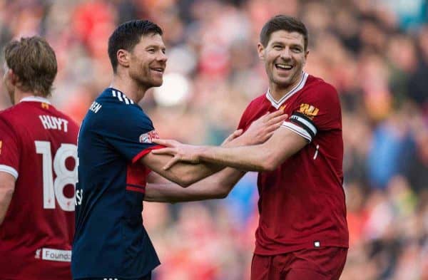 LIVERPOOL, ENGLAND - Saturday, March 24, 2018J. Steven Gerrard of Liverpool Legends with Xabi Alonso of FC Bayern Legends during the LFC Foundation charity match between Liverpool FC Legends and FC Bayern Munich Legends at Anfield. (Pic by Peter Powell/Propaganda)