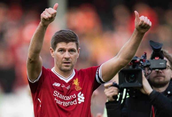 LIVERPOOL, ENGLAND - Saturday, March 24, 2018J. Steven Gerrard of Liverpool Legends reacts after the LFC Foundation charity match between Liverpool FC Legends and FC Bayern Munich Legends at Anfield. (Pic by Peter Powell/Propaganda)