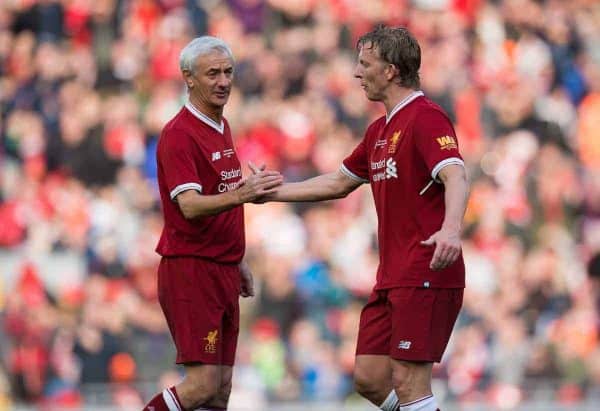 LIVERPOOL, ENGLAND - Saturday, March 24, 2018J. Robbie Fowler Ian Rush of Liverpool Legends reacts with Dirk Kuyt during the LFC Foundation charity match between Liverpool FC Legends and FC Bayern Munich Legends at Anfield. (Pic by Peter Powell/Propaganda)