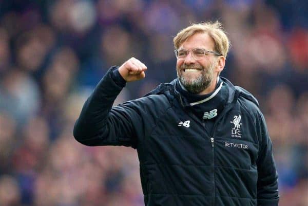 LONDON, ENGLAND - Saturday, March 31, 2018: Liverpool's manager Jürgen Klopp celebrates after the 2-1 victory during the FA Premier League match between Crystal Palace FC and Liverpool FC at Selhurst Park. (Pic by Dave Shopland/Propaganda)