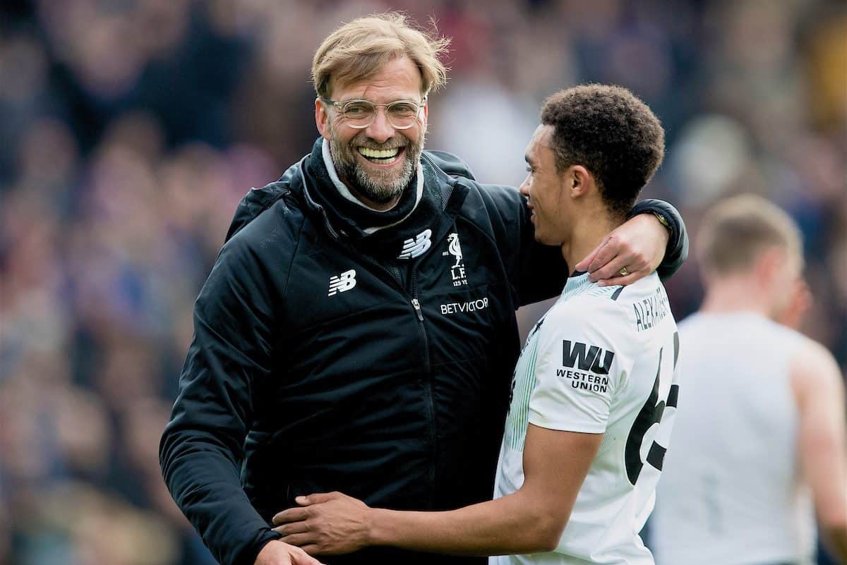 LONDON, ENGLAND - Saturday, March 31, 2018: Liverpool's manager Jürgen Klopp celebrates with Trent Alexander-Arnold after the 2-1 victory during the FA Premier League match between Crystal Palace FC and Liverpool FC at Selhurst Park. (Pic by Dave Shopland/Propaganda)
