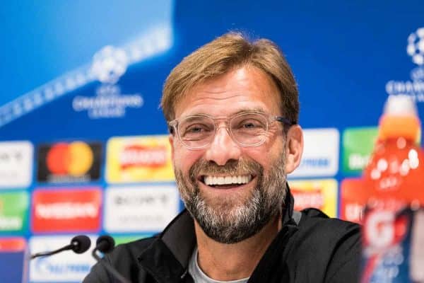 LIVERPOOL, ENGLAND - Tuesday, April 3, 2018: Liverpool's manager Jürgen Klopp during a press conference ahead of the UEFA Champions League Quarter-Final 1st Leg match between Liverpool FC and Manchester City FC at Anfield. (Pic by Paul Greenwood/Propaganda)