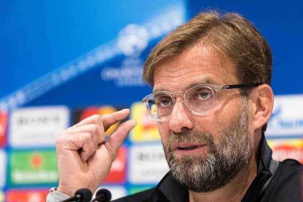 LIVERPOOL, ENGLAND - Tuesday, April 3, 2018: Liverpool's manager Jürgen Klopp during a press conference ahead of the UEFA Champions League Quarter-Final 1st Leg match between Liverpool FC and Manchester City FC at Anfield. (Pic by Paul Greenwood/Propaganda)