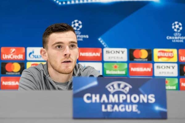 LIVERPOOL, ENGLAND - Tuesday, April 3, 2018: Liverpool's Andy Robertson during a press conference ahead of the UEFA Champions League Quarter-Final 1st Leg match between Liverpool FC and Manchester City FC at Anfield. (Pic by Paul Greenwood/Propaganda)