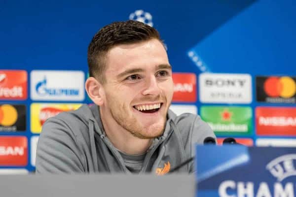 LIVERPOOL, ENGLAND - Tuesday, April 3, 2018: Liverpool's Andy Robertson during a press conference ahead of the UEFA Champions League Quarter-Final 1st Leg match between Liverpool FC and Manchester City FC at Anfield. (Pic by Paul Greenwood/Propaganda)