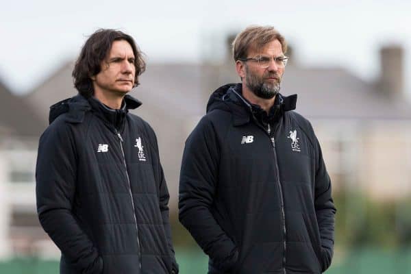 LIVERPOOL, ENGLAND - Tuesday, April 3, 2018: Liverpool's manager J¸rgen Klopp and assistant éeljko Buva? during a training session at Melwood Training Ground ahead of the UEFA Champions League Quarter-Final 1st Leg match between Liverpool FC and Manchester City FC. (Pic by Paul Greenwood/Propaganda)