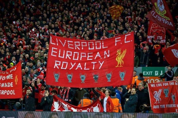 LIVERPOOL, ENGLAND - Wednesday, April 4, 2018: Liverpool's supporters before the UEFA Champions League Quarter-Final 1st Leg match between Liverpool FC and Manchester City FC at Anfield. (Pic by David Rawcliffe/Propaganda)