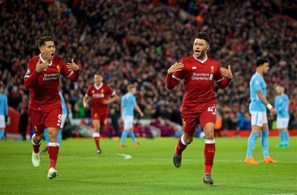 LIVERPOOL, ENGLAND - Wednesday, April 4, 2018: Liverpool's Alex Oxlade-Chamberlain celebrates scoring the second goal during the UEFA Champions League Quarter-Final 1st Leg match between Liverpool FC and Manchester City FC at Anfield. (Pic by David Rawcliffe/Propaganda)c