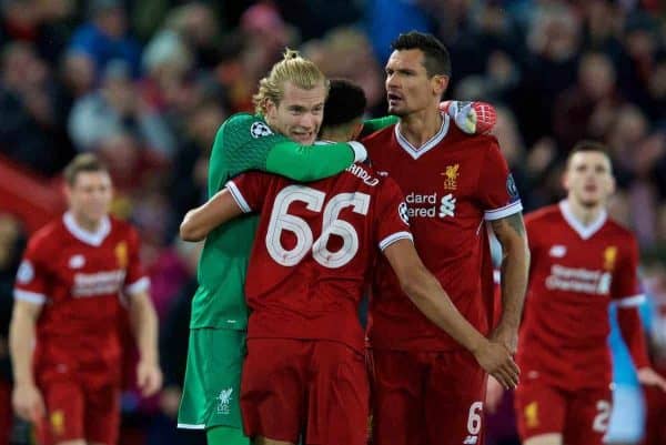 LIVERPOOL, ENGLAND - Wednesday, April 4, 2018: Liverpool's goalkeeper Loris Karius, Trent Alexander-Arnold and Dejan Lovren celebrate the 3-0 victory after the UEFA Champions League Quarter-Final 1st Leg match between Liverpool FC and Manchester City FC at Anfield. (Pic by David Rawcliffe/Propaganda)