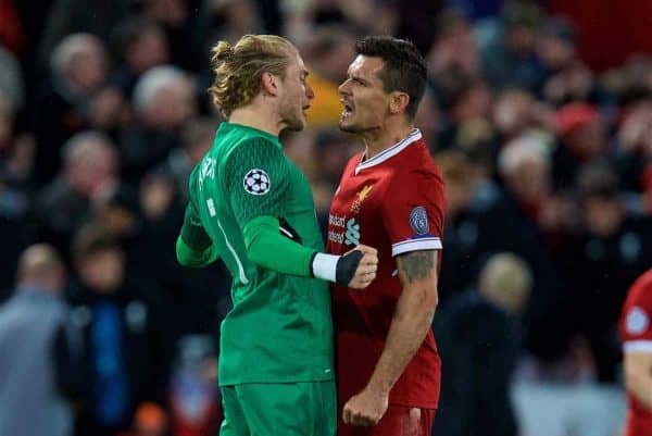 LIVERPOOL, ENGLAND - Wednesday, April 4, 2018: Liverpool's goalkeeper Loris Karius and Dejan Lovren celebrate the 3-0 victory after the UEFA Champions League Quarter-Final 1st Leg match between Liverpool FC and Manchester City FC at Anfield. (Pic by David Rawcliffe/Propaganda)