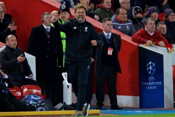 Liverpool's manager Jürgen Klopp celebrates the 3-0 victory after the UEFA Champions League Quarter Final 1st Leg match between Liverpool FC and Manchester City FC at Anfield. (Pic by David Rawcliffe Pr