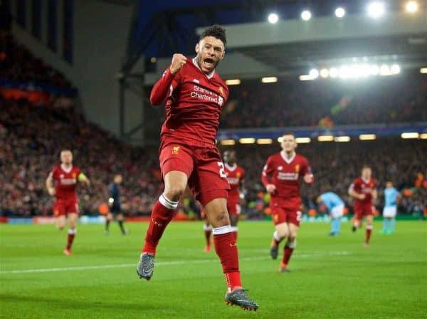 LIVERPOOL, ENGLAND - Wednesday, April 4, 2018: Liverpool's Alex Oxlade-Chamberlain celebrates scoring the second goal during the UEFA Champions League Quarter-Final 1st Leg match between Liverpool FC and Manchester City FC at Anfield. (Pic by David Rawcliffe/Propaganda)