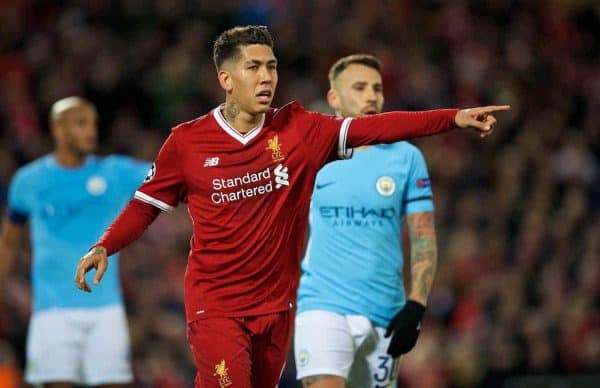 LIVERPOOL, ENGLAND - Wednesday, April 4, 2018: Liverpool's Roberto Firmino during the UEFA Champions League Quarter-Final 1st Leg match between Liverpool FC and Manchester City FC at Anfield. (Pic by David Rawcliffe/Propaganda)