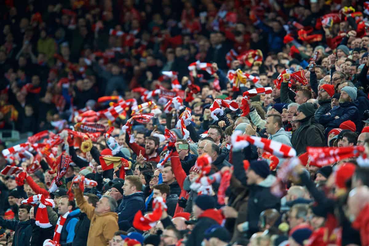 LIVERPOOL, ENGLAND - Wednesday, April 4, 2018: Liverpool supporters celebrate during the UEFA Champions League Quarter-Final 1st Leg match between Liverpool FC and Manchester City FC at Anfield. (Pic by David Rawcliffe/Propaganda)