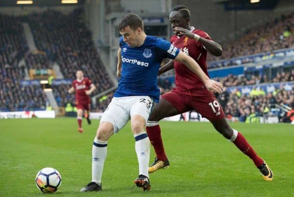 LIVERPOOL, ENGLAND - Saturday, April 7, 2018: Liverpools Sadio Mane and Evertons Seamus Coleman during the FA Premier League match between Everton and Liverpool, the 231st Merseyside Derby, at Goodison Park. (Pic by Jason Roberts/Propaganda)