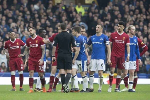 LIVERPOOL, ENGLAND - Saturday, April 7, 2018: Liverpools Danny Ings and Jordan Henderson talks to the referee Michael Oliverduring the FA Premier League match between Everton and Liverpool, the 231st Merseyside Derby, at Goodison Park. (Pic by Jason Roberts/Propaganda)