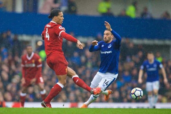 LIVERPOOL, ENGLAND - Saturday, April 7, 2018: Liverpool's Virgil van Dijk and Everton's Cenk Tosun during the FA Premier League match between Everton and Liverpool, the 231st Merseyside Derby, at Goodison Park. (Pic by David Rawcliffe/Propaganda)