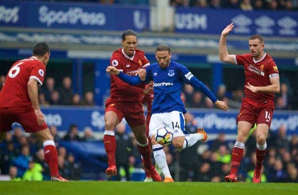 LIVERPOOL, ENGLAND - Saturday, April 7, 2018: Liverpool's Virgil van Dijk and Everton's Cenk Tosun during the FA Premier League match between Everton and Liverpool, the 231st Merseyside Derby, at Goodison Park. (Pic by David Rawcliffe/Propaganda)