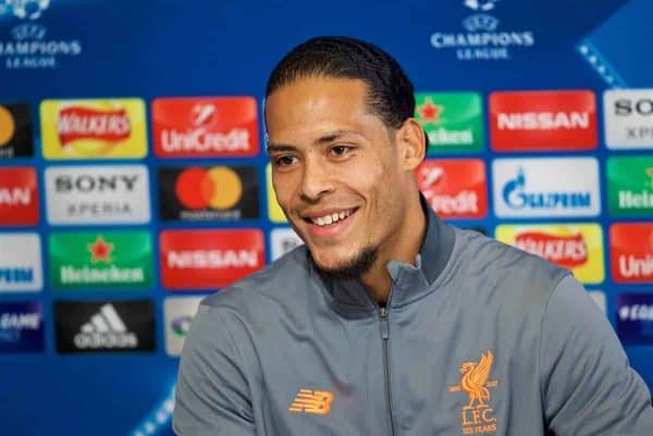 MANCHESTER, ENGLAND - Monday, April 9, 2018: Liverpool's Virgil van Dijk during a press conference at the City Football Academy ahead of the UEFA Champions League Quarter-Final 2nd Leg match between Manchester City FC and Liverpool FC. (Pic by David Rawcliffe/Propaganda)