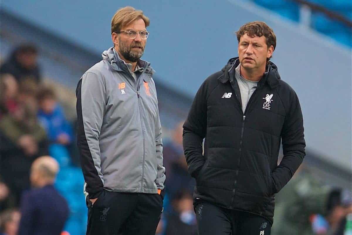 MANCHESTER, ENGLAND - Tuesday, April 10, 2018: Liverpool's manager Jürgen Klopp and first team coach Peter Krawietz during the pre-match warm-up before the UEFA Champions League Quarter-Final 2nd Leg match between Manchester City FC and Liverpool FC at the City of Manchester Stadium. (Pic by David Rawcliffe/Propaganda)