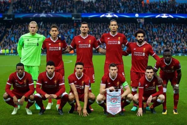 MANCHESTER, ENGLAND - Tuesday, April 10, 2018: Liverpool's players line-up for a team group photograph before the UEFA Champions League Quarter-Final 2nd Leg match between Manchester City FC and Liverpool FC at the City of Manchester Stadium. Back row L-R: goalkeeper Loris Karius, Roberto Firmino, Dejan Lovren, Virgil van Dijk, Mohamed Salah, Sadio Mane. Front row L-R: Georginio Wijnaldum, Alex Oxlade-Chamberlain, Trent Alexander-Arnold, James Milner, Andy Robertson. (Pic by David Rawcliffe/Propaganda)