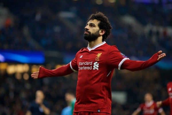 MANCHESTER, ENGLAND - Tuesday, April 10, 2018: Liverpool's Mohamed Salah celebrates scoring the first goal to equalise and make the score 1-1 during the UEFA Champions League Quarter-Final 2nd Leg match between Manchester City FC and Liverpool FC at the City of Manchester Stadium. (Pic by David Rawcliffe/Propaganda)