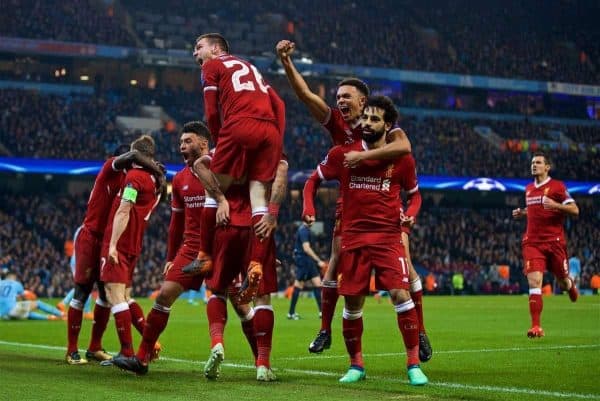 MANCHESTER, ENGLAND - Tuesday, April 10, 2018: Liverpool's Mohamed Salah celebrates scoring the first goal to equalise and make the score 1-1 during the UEFA Champions League Quarter-Final 2nd Leg match between Manchester City FC and Liverpool FC at the City of Manchester Stadium. (Pic by David Rawcliffe/Propaganda)