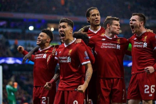 MANCHESTER, ENGLAND - Tuesday, April 10, 2018: Liverpool's Roberto Firmino (2nd left) celebrates scoring the second goal with team-mate sduring the UEFA Champions League Quarter-Final 2nd Leg match between Manchester City FC and Liverpool FC at the City of Manchester Stadium. (Pic by David Rawcliffe/Propaganda)