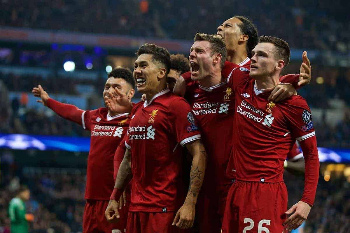 MANCHESTER, ENGLAND - Tuesday, April 10, 2018: Liverpool's Roberto Firmino (2nd left) celebrates scoring the second goal with team-mate sduring the UEFA Champions League Quarter-Final 2nd Leg match between Manchester City FC and Liverpool FC at the City of Manchester Stadium. (Pic by David Rawcliffe/Propaganda)