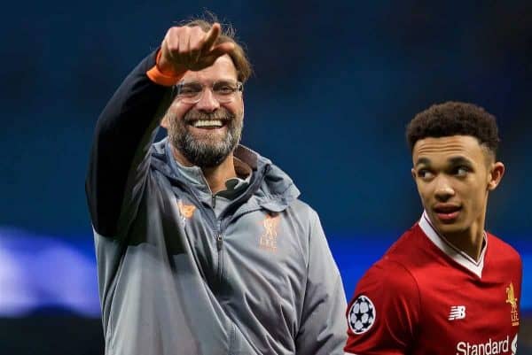 MANCHESTER, ENGLAND - Tuesday, April 10, 2018: Liverpool's manager Jürgen Klopp celebrates after the 2-1 (5-1 aggregate) victory over Manchester City during the UEFA Champions League Quarter-Final 2nd Leg match between Manchester City FC and Liverpool FC at the City of Manchester Stadium. (Pic by David Rawcliffe/Propaganda)