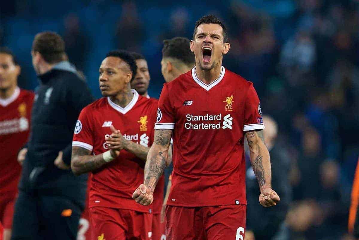 MANCHESTER, ENGLAND - Tuesday, April 10, 2018: Liverpool's Dejan Lovren celebrates after the 2-1 (5-1 aggregate) victory over Manchester City during the UEFA Champions League Quarter-Final 2nd Leg match between Manchester City FC and Liverpool FC at the City of Manchester Stadium. (Pic by David Rawcliffe/Propaganda)