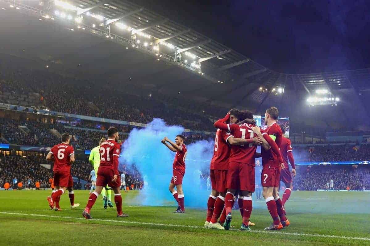 MANCHESTER, ENGLAND - Tuesday, April 10, 2018: Liverpool's Mohamed Salah celebrates scoring the first goal with team-mates as a blue smoke bomb billows in the pitch during the UEFA Champions League Quarter-Final 2nd Leg match between Manchester City FC and Liverpool FC at the City of Manchester Stadium. (Pic by David Rawcliffe/Propaganda)