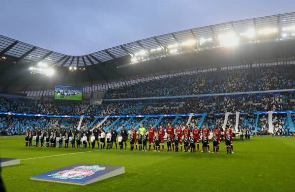 MANCHESTER, ENGLAND - Tuesday, April 10, 2018: Liverpool and Manchester City players line-up before the UEFA Champions League Quarter-Final 2nd Leg match between Manchester City FC and Liverpool FC at the City of Manchester Stadium. (Pic by David Rawcliffe/Propaganda)