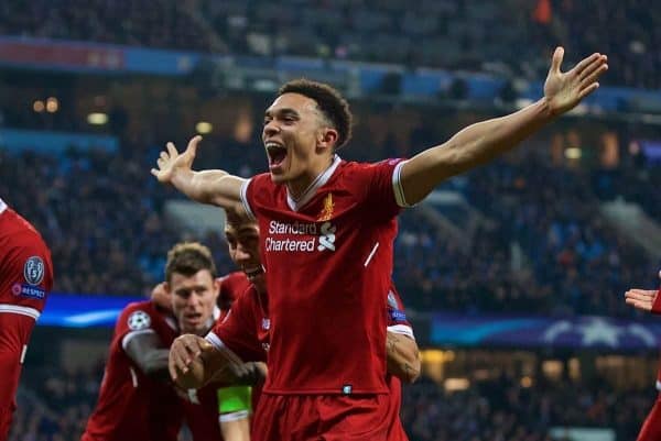 MANCHESTER, ENGLAND - Tuesday, April 10, 2018: Liverpool's Mohamed Salah celebrates scoring the first goal to equalise and make the score 1-1 during the UEFA Champions League Quarter-Final 2nd Leg match between Manchester City FC and Liverpool FC at the City of Manchester Stadium. (Pic by David Rawcliffe/Propaganda)