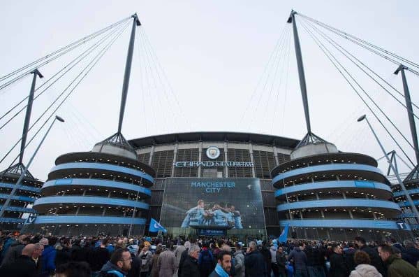 MANCHESTER, ENGLAND - Tuesday, April 10, 2018: A general view of the main entrance of the stadium before the UEFA Champions League Quarter-Final 2nd Leg match between Manchester City FC and Liverpool FC at the City of Manchester Stadium. (Pic by Peter Powell/Propaganda)