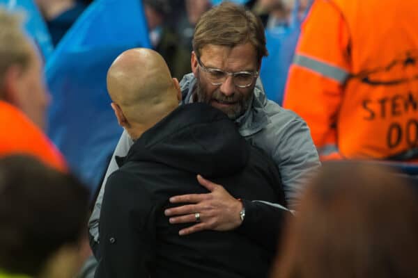 MANCHESTER, ENGLAND - Tuesday, April 10, 2018: Jurgen Klopp manager of Liverpool and Pep Guardiola manager of Manchester City react before the UEFA Champions League Quarter-Final 2nd Leg match between Manchester City FC and Liverpool FC at the City of Manchester Stadium. (Pic by Peter Powell/Propaganda)