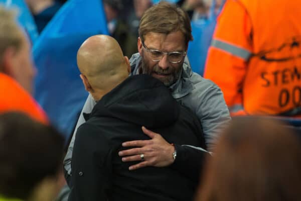 MANCHESTER, ENGLAND - Tuesday, April 10, 2018: Jurgen Klopp manager of Liverpool and Pep Guardiola manager of Manchester City react before the UEFA Champions League Quarter-Final 2nd Leg match between Manchester City FC and Liverpool FC at the City of Manchester Stadium. (Pic by Peter Powell/Propaganda)