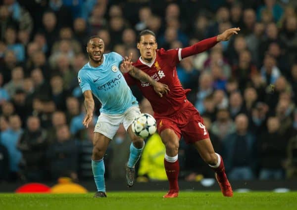 MANCHESTER, ENGLAND - Tuesday, April 10, 2018:  Raheem Sterling of Manchester City (L) in action with Virgil van Dijk of Liverpool (R) during the UEFA Champions League Quarter-Final 2nd Leg match between Manchester City FC and Liverpool FC at the City of Manchester Stadium. (Pic by Peter Powell/Propaganda)