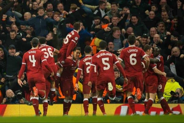 MANCHESTER, ENGLAND - Tuesday, April 10, 2018:Mohamed Salah of Liverpool celebrates scoring the second goal making the score 1-1 during the UEFA Champions League Quarter-Final 2nd Leg match between Manchester City FC and Liverpool FC at the City of Manchester Stadium. (Pic by Peter Powell/Propaganda)