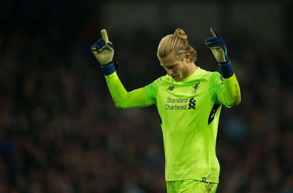 MANCHESTER, ENGLAND - Tuesday, April 10, 2018:Loris Karius of Liverpool celebrates after Roberto Firmino goal during the UEFA Champions League Quarter-Final 2nd Leg match between Manchester City FC and Liverpool FC at the City of Manchester Stadium. (Pic by Peter Powell/Propaganda)