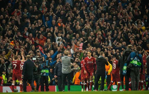 MANCHESTER, ENGLAND - Tuesday, April 10, 2018:The Liverpool players react with the fans after winning the UEFA Champions League Quarter-Final 2nd Leg match between Manchester City FC and Liverpool FC at the City of Manchester Stadium. (Pic by Peter Powell/Propaganda)