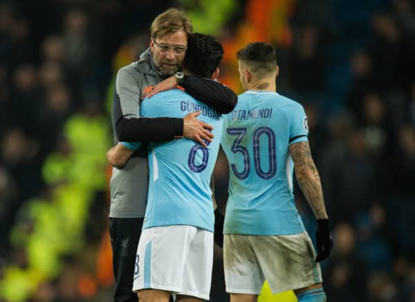 MANCHESTER, ENGLAND - Tuesday, April 10, 2018: Jurgen Klopp manager of Liverpool (L) reacts with Ilkay Gundogan of Manchester City (R) after the UEFA Champions League Quarter-Final 2nd Leg match between Manchester City FC and Liverpool FC at the City of Manchester Stadium. (Pic by Peter Powell/Propaganda)