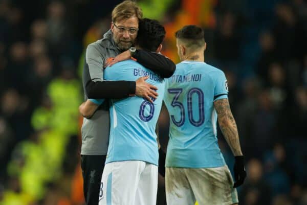 MANCHESTER, ENGLAND - Tuesday, April 10, 2018: Jurgen Klopp manager of Liverpool (L) reacts with Ilkay Gundogan of Manchester City (R) after the UEFA Champions League Quarter-Final 2nd Leg match between Manchester City FC and Liverpool FC at the City of Manchester Stadium. (Pic by Peter Powell/Propaganda)