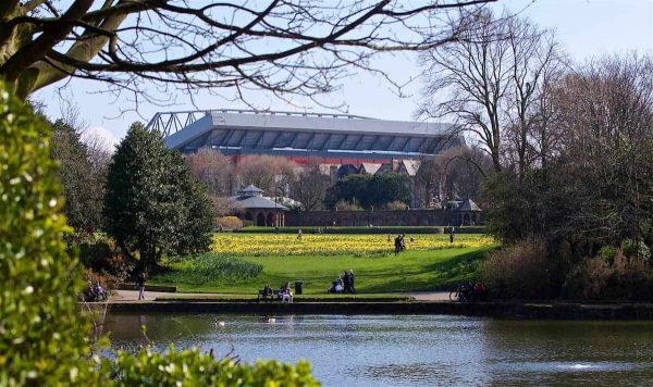 LIVERPOOL, ENGLAND - Saturday, April 14, 2018: Liverpool's Anfield stadium seen from across Stanley Park with the spring daffodils in full bloom pictured before the FA Premier League match between Liverpool FC and AFC Bournemouth at Anfield. (Pic by Laura Malkin/Propaganda)