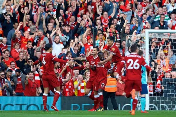 LIVERPOOL, ENGLAND - Saturday, April 14, 2018: Liverpool's Sadio Mane celebrates scoring the first goal with team-mates Virgil van Dijk, Dejan Lovren and Roberto Firmino during the FA Premier League match between Liverpool FC and AFC Bournemouth at Anfield. (Pic by Laura Malkin/Propaganda)