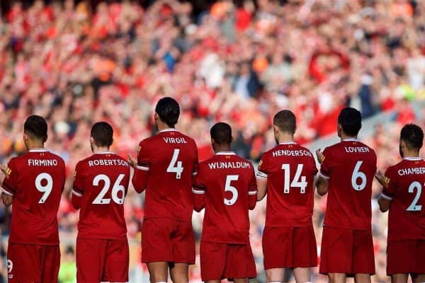 LIVERPOOL, ENGLAND - Saturday, April 14, 2018: Liverpool players stand for a moment's applauds to remember the victims of the Hillsborough Stadium Disaster a day before the 29th anniversary during the FA Premier League match between Liverpool FC and AFC Bournemouth at Anfield. (Pic by Laura Malkin/Propaganda)