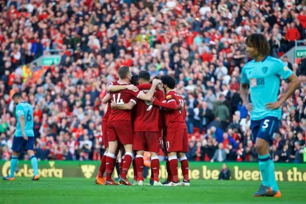 LIVERPOOL, ENGLAND - Saturday, April 14, 2018: Liverpool's Roberto Firmino celebrates scoring the third goal with team-mates during the FA Premier League match between Liverpool FC and AFC Bournemouth at Anfield. (Pic by Laura Malkin/Propaganda)