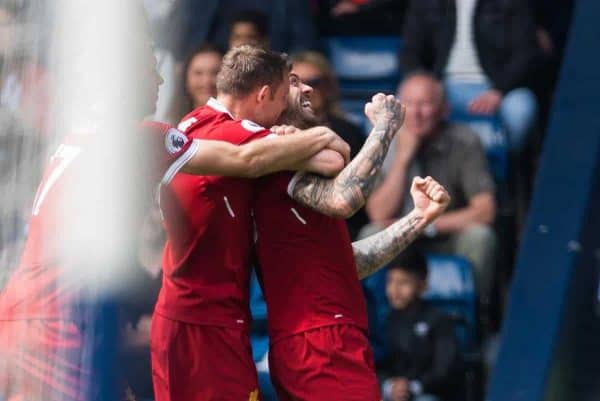 WEST BROMWICH, ENGLAND - Saturday, April 21, 2018: Liverpool’s Danny Ings is congratulated after scoring the opening goal during the FA Premier League match between West Bromwich Albion FC and Liverpool FC at the Hawthorns. (Pic by Peter Powell/Propaganda)