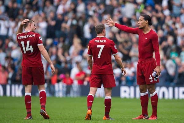 WEST BROMWICH, ENGLAND - Saturday, April 21, 2018: Liverpool’s James Milner reacts with Virgil van Dijk and Jordan Henderson after the FA Premier League match between West Bromwich Albion FC and Liverpool FC at the Hawthorns. (Pic by Peter Powell/Propaganda)